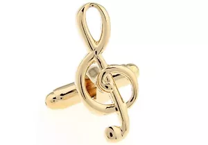 Music Note Pair Cufflinks Gold Treble Clef Wedding Gift Box & Polishing Cloth - Picture 1 of 4