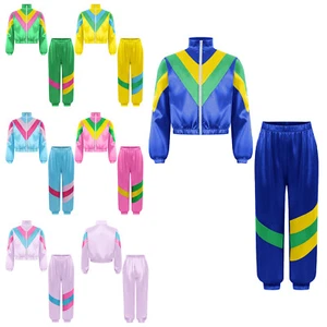 Boys Girl 70s 80s Tracksuit Sportswear Top Pants Sets Outfit Color Block Costume - Picture 1 of 68