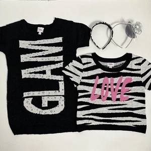 Justice Lot girls sz 8 Black Embellished Glam Tunic Sweater Zebra Top Headbands - Picture 1 of 5