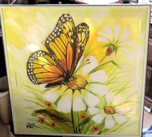 J. Walker Painting 37x37 Inch Canvas Mid Century Monarch Butterfly Daisy Flower - Picture 1 of 9
