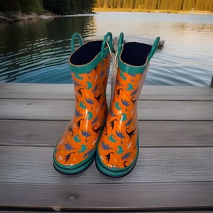Lily & Dan Boys Dinosaur Rain Boots Orange Pull On Mud Fun Toddler Size 11/12 - Picture 1 of 12