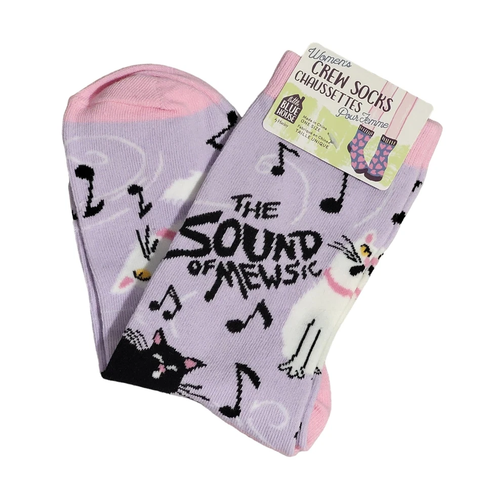 Calcetines The Sound of Mewsic Cat Kitty Crew para mujer talla única mezcla de algodón púrpura Foto 1 de 4
