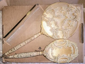 Matson Stylebuilt filigran 24 Kt vergoldet Set Bürste Kamm Spiegel weiß getüncht  - Bild 1 von 6