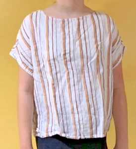 C&C California Women's M Linen Striped Short Sleeved Boxy Shirt Button Up Back - Picture 1 of 12