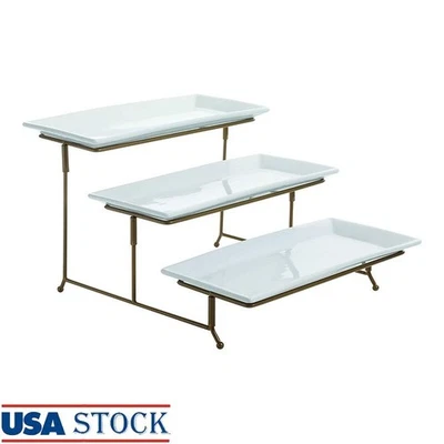 Juego de platos de porcelana rectangulares de 3 niveles con soporte de metal dorado elegante comedor nuevo Foto 1 de 4
