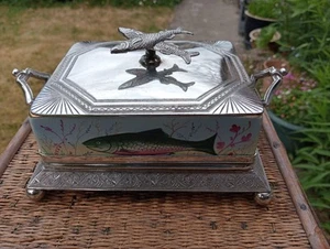 Antique Hand Painted Silver Lid and Tray Sardine Dish Box in A1 Great Condition - Picture 1 of 9