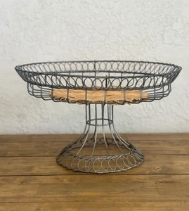 Vintage Wire & Wicker Pedestal Basket Farmhouse Vintage Kitchen Stand Decor - Picture 1 of 5