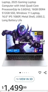 2025 Gaming LaptopComputer with Intel Quad-CoreProcessor(Up to 3.6GHz), 16GB - Picture 1 of 5