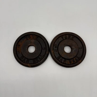 Pair (2) Vintage 2 1/2 lb YORK BARBELL Standard Weight Plates 1" Hole Cast Iron - Image 1 of 4
