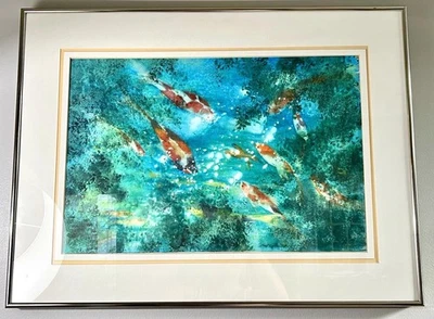 SIGNED ORIGINAL KOI FISH WATERCOLOR PAINTING 21x28” MATTED & FRAMED J. TOMLIN - Image 1 of 4