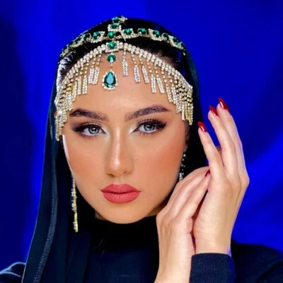 Women Head Chain Rhinestone Tassel Droplet Green Bridal Jewel Hair Chain 23519 - Image 1 of 4