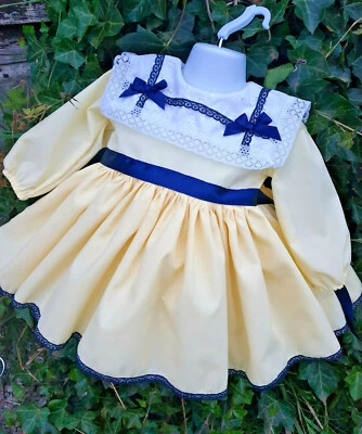 DREAM BABY WEAR UK TRAUM 0-7 Jahre BABY MÄDCHEN ZITRONENWEISS MARINEBLAU WEISS KRAGEN VOLLER ROCK KLEID