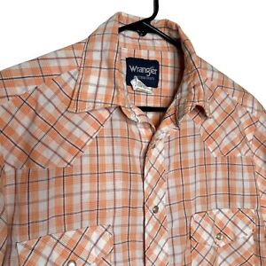 Wrangler Shirt Mens Orange Plaid Pearl Snap Short Sleeve Western Pockets Vintage