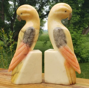 Vtg Alabaster Marble Hand Carved Stone Art Deco Parrot BOOKENDS Bird Figurines - Picture 1 of 11