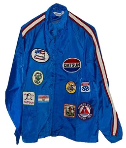 Chaqueta vintage años 70 DATSUN Kawasaki corona mediana con numerosos parches de carrera azul - Imagen 1 de 3