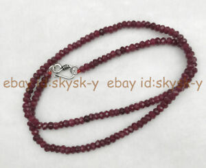 Fine 2x4mm Dark Red Brazil Ruby Faceted Roundel Gems Beads Necklace Silver Clasp