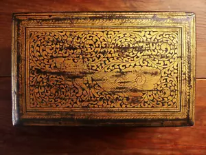 17cm Boite Bois Laque Doré Ancien Paon Birmanie Antique Burmese Gilt Lacquer Box - Imagen 1 de 8