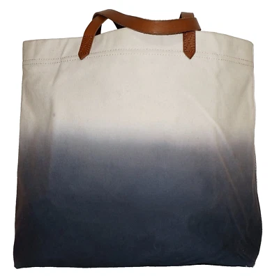 MADEWELL Large Ivory & Blue Canvas & Tan Leather Transport Tote Bag 13x14 - Image 1 of 4