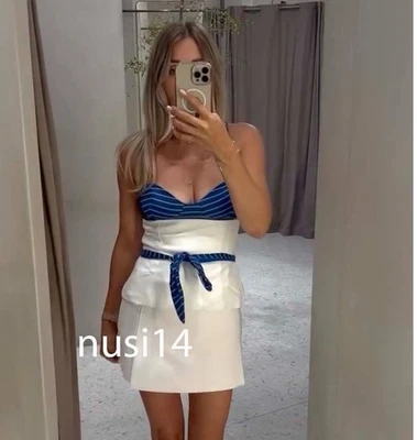 ZARA 新女式绑带弹力手工印花上衣条纹 WHT。 4772/109/250 — 第 1/3 张图片