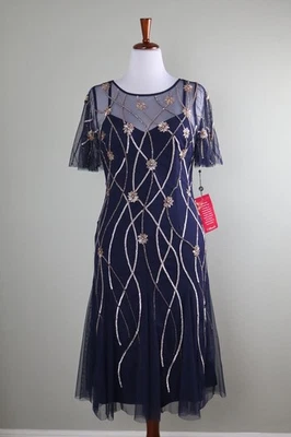 Vestido ADRIANNA PAPELL NUEVO CON ETIQUETAS $249 Lentejuelas Adornado Flutter Bead Godet Talla 10 Foto 1 de 4