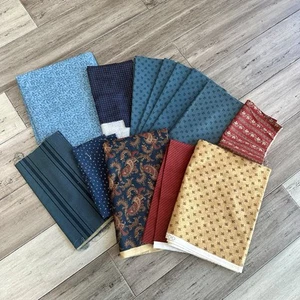 Lot of Moda Cotton Quilting Fabric 12 Complementary Prints Blues Browns Reds - Picture 1 of 6
