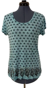 Calypso St. Barth Blue Geo Floral Short Sleeve Linen Knit Top Boho Beach S - Picture 1 of 11