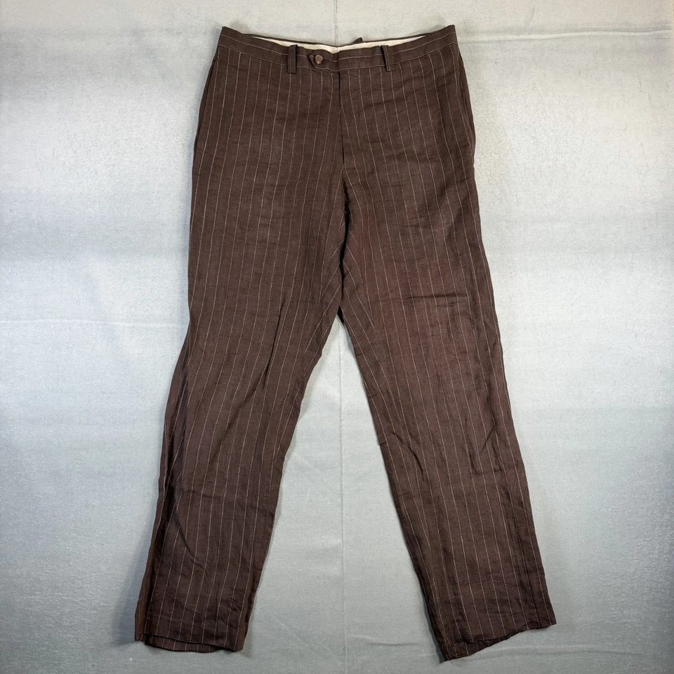 Pantalones clásicos Lauren Ralph Lauren 100 % lino para hombre 34x30 marrón a rayas Foto 1 de 4