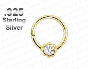 Gold Plated 925 Silver 18G Nose Hoop Ring Solitaire CZ 8mm Tragus Cartilage Hoop - Picture 1 of 8