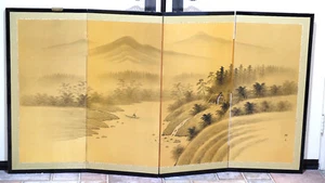 Japanese Byobu 4 Panel Screen Mountain Scene Hand Signed & Hand Painted VGUC+ º - Picture 1 of 12