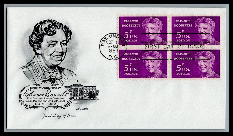 US FDC # 1236 5c Eleanor Roosevelt block Artmaster  1963, 9L163 - Image 1 of 1