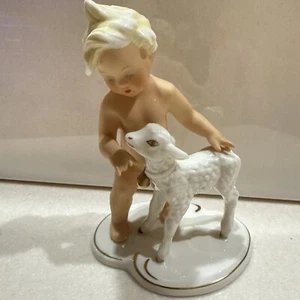 Vintage Schaubach Kunst Western Germany Porcelain Figurine Baby Boy & Lamb - Picture 1 of 5