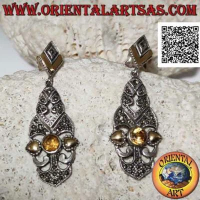 Orecchini in Argento 925‰ piastra barocca con marcassite, topazio giallo tondo e - Immagine 1 di 4