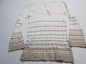 NWT Pink Blush Womens Size M V-Neck Shirt White/Beige Lace Long Sleeve Striped - Picture 1 of 5