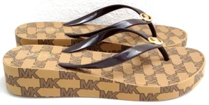 MICHAEL KORS MK Signature Bedford Brown Wedges Thongs Flip-Flops Sandals Size 11 - Picture 1 of 8