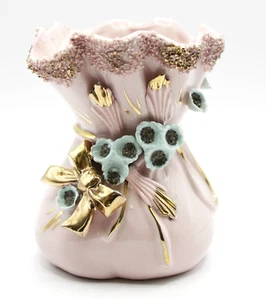 Vintage Napco Ceramic Drawstring Bag / Vase - Applied Flowers and Bow - Picture 1 of 6