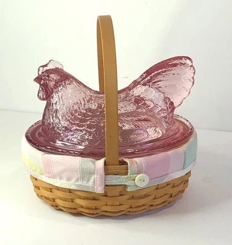 Longaberger 2002 Small Oval Easter Basket Combo w/ Pink Glass Hen Plaid Liner Cover