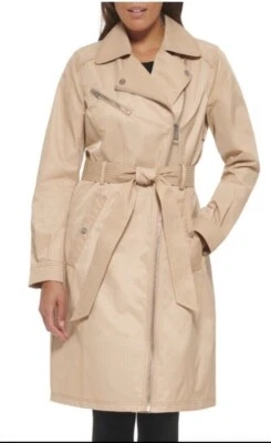 GUESS Asymmetric Beige Belted Trench Coat Size M Petite - Image 1 of 4