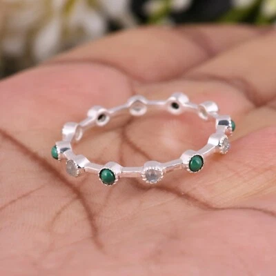 Anillos redondos de labradorita de eternidad anillos de piedras preciosas de malaquita plata Foto 1 de 4