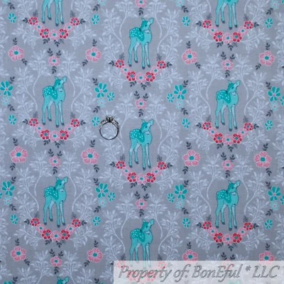 BonEful FABRIC FQ Cotton Quilt Gray Leaf Pink Flower Deer Bambi Disney Damask FL - Image 1 of 4