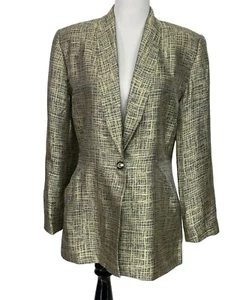 Vintage Joyce Driglas Shiny Metallic Gray Check Blazer Jacket Womens Small - Picture 1 of 11