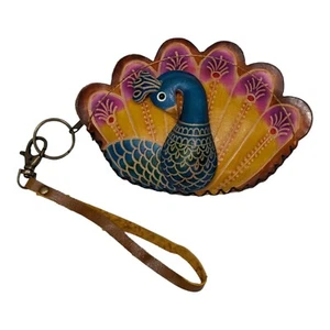 Vintage Genuine Leather Peacock Coin Purse Wristlet/Wallet Pouch Handmade - Picture 1 of 5