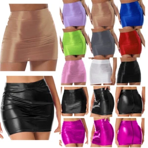 Damen Sexy Wetlook Rock High Waist Lederrock Stretch Figurbetont Leder Minirock - Picture 1 of 130