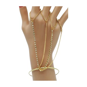 Women Gold Metal Cuff Bracelet Hand Chain Bling Ring Finger Dressy Fancy Jewelry - Picture 1 of 24