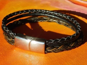 Mens / ladies chunky Brown-Black leather & Steel bracelet by Lyme Bay Art - Picture 1 of 3