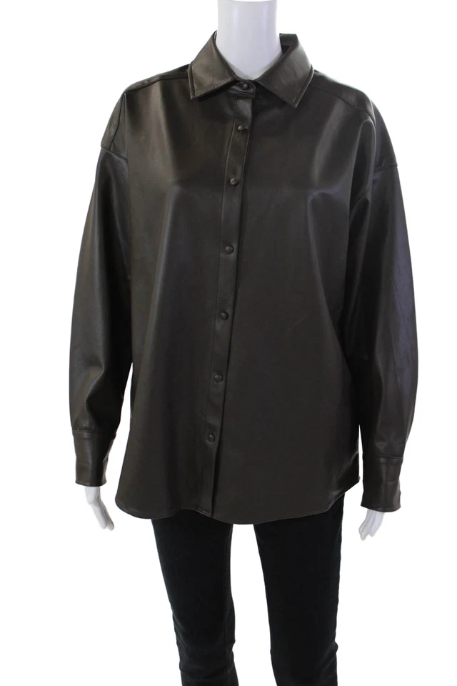 Женская кожаная текстурированная блузка на пуговицах с длинным рукавом J. Mclaughlin коричневая размер M - Изображение 1 из 4