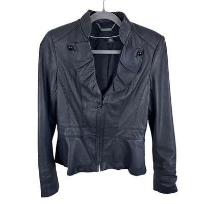 Мотокуртка White House Black Market черная кожаная с оборками и воротником на молнии XS - Изображение 1 из 4