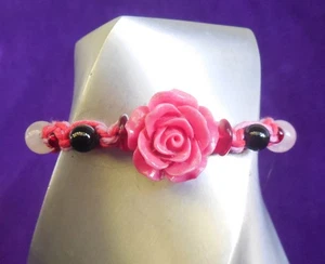 Red Stone Rose Adjustable Hemp Bracelet Anklet w Rose Quartz Onyx Gemstone Beads - Picture 1 of 7