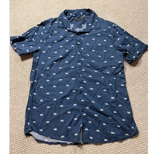 Saks Fifth Avenue Shirt Mens Medium Blue Linen Blend Button Up Chambray AOP Crab - Picture 1 of 4