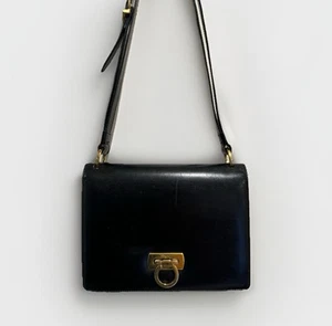 Salvatore Ferragamo Vintage Black Box Calf Leather Gancini Bit Shoulder Bag - Picture 1 of 18