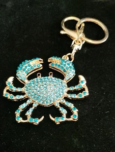 Blue & Gold Tone Rhinestone  Crab Bag Charm Keychain Black Eyes - Picture 1 of 4